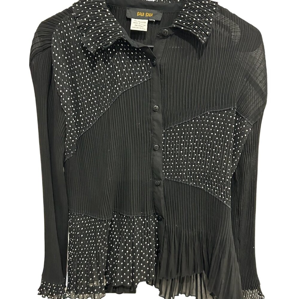 Bala Bala Womens Black Polka Dot Pleated Semi Sheer Button-Up Blouse Retro